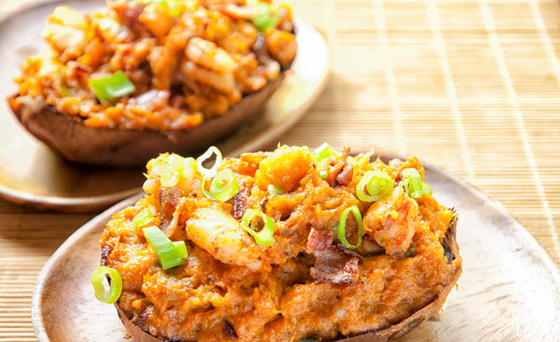 Bacon-Shrimp Stuffed Sweet Potatoes | Paleo Leap