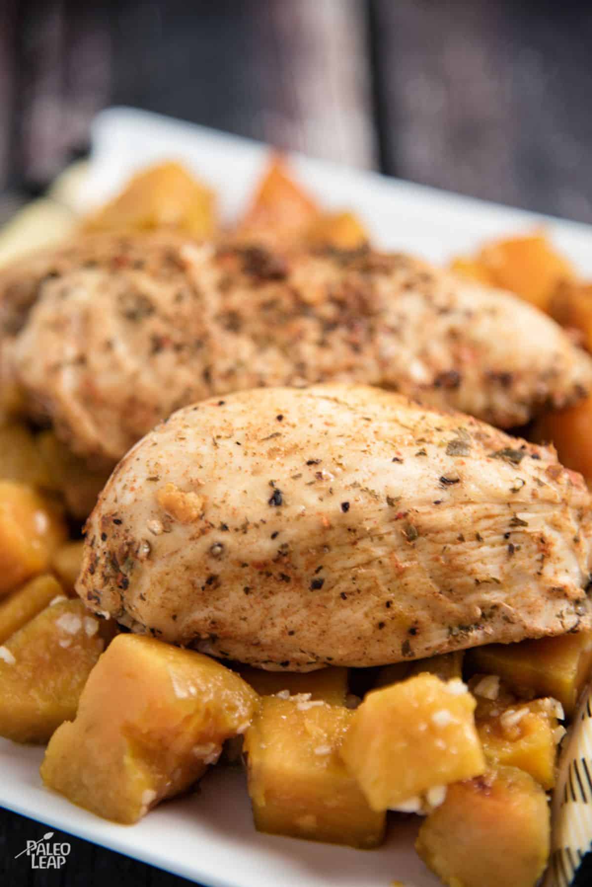 Chicken With Garlic-Roasted Sweet Potatoes