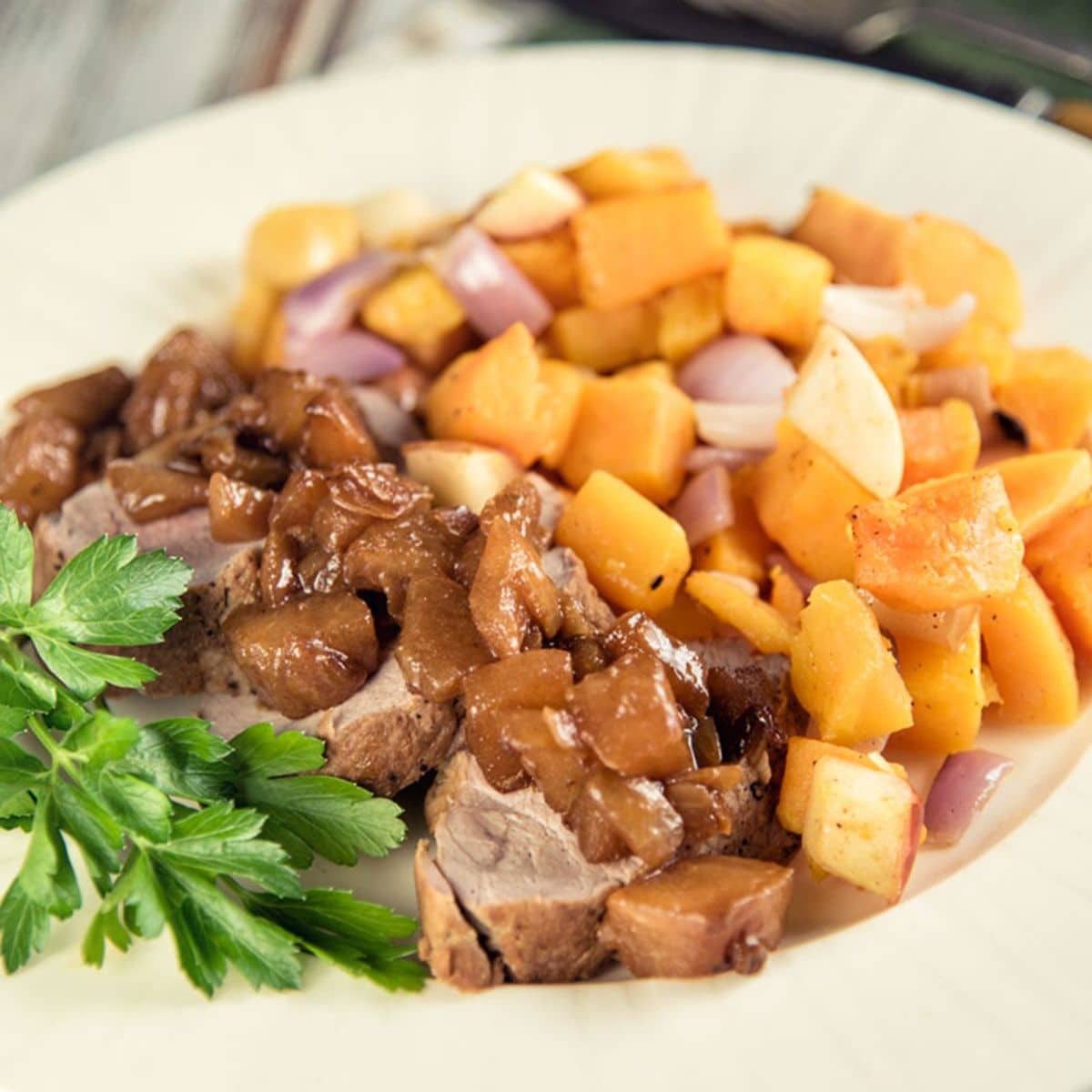 Pork Tenderloin With Pears And Roasted Butternut Squash Featured