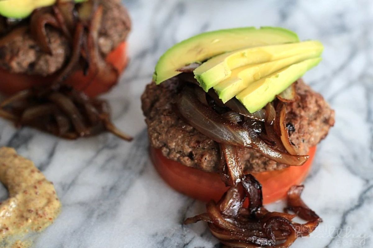 paleo burger caramelized balsamic onions