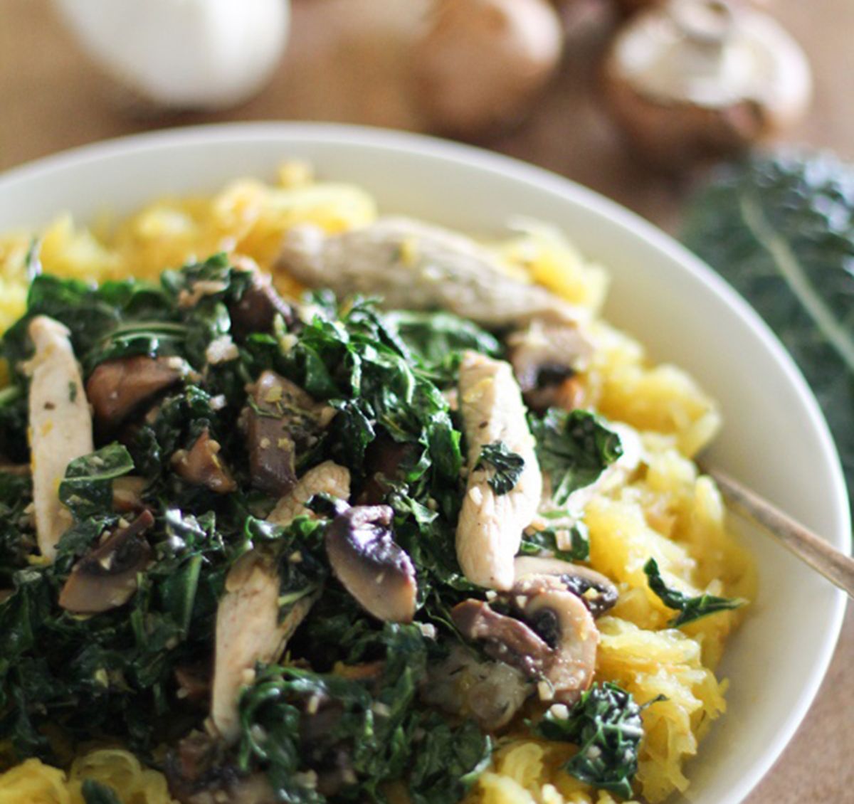 garlicky spaghetti squash with chicken mushrooms and kale