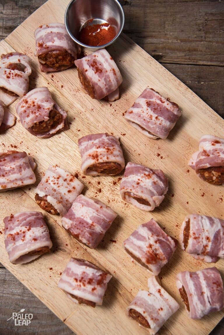 Bacon Wrapped Bbq Sausage Bites Recipe Paleo Leap