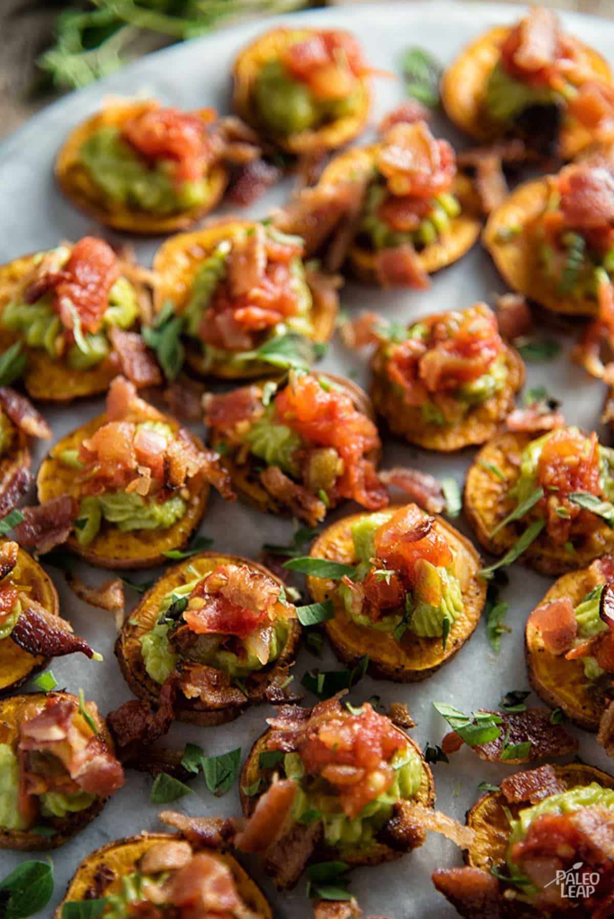 Sweet Potato Bites with Guacamole and Bacon