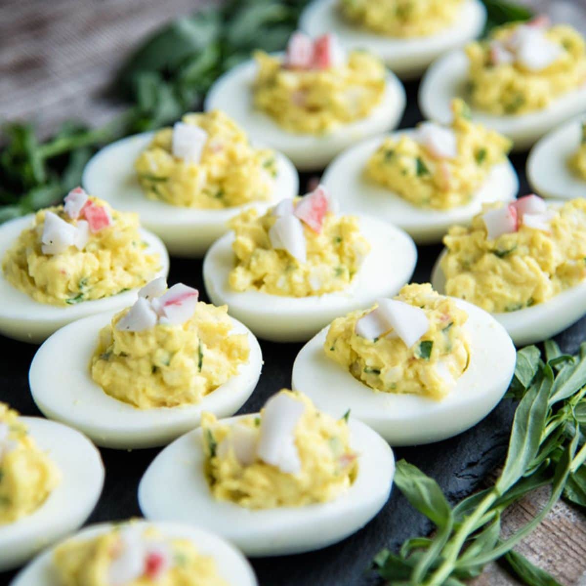 Crab-Stuffed Deviled Eggs With Tarragon Featured
