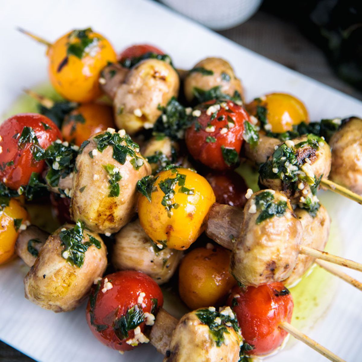 Tomato and Mushroom Skewers With Herb Sauce Featured