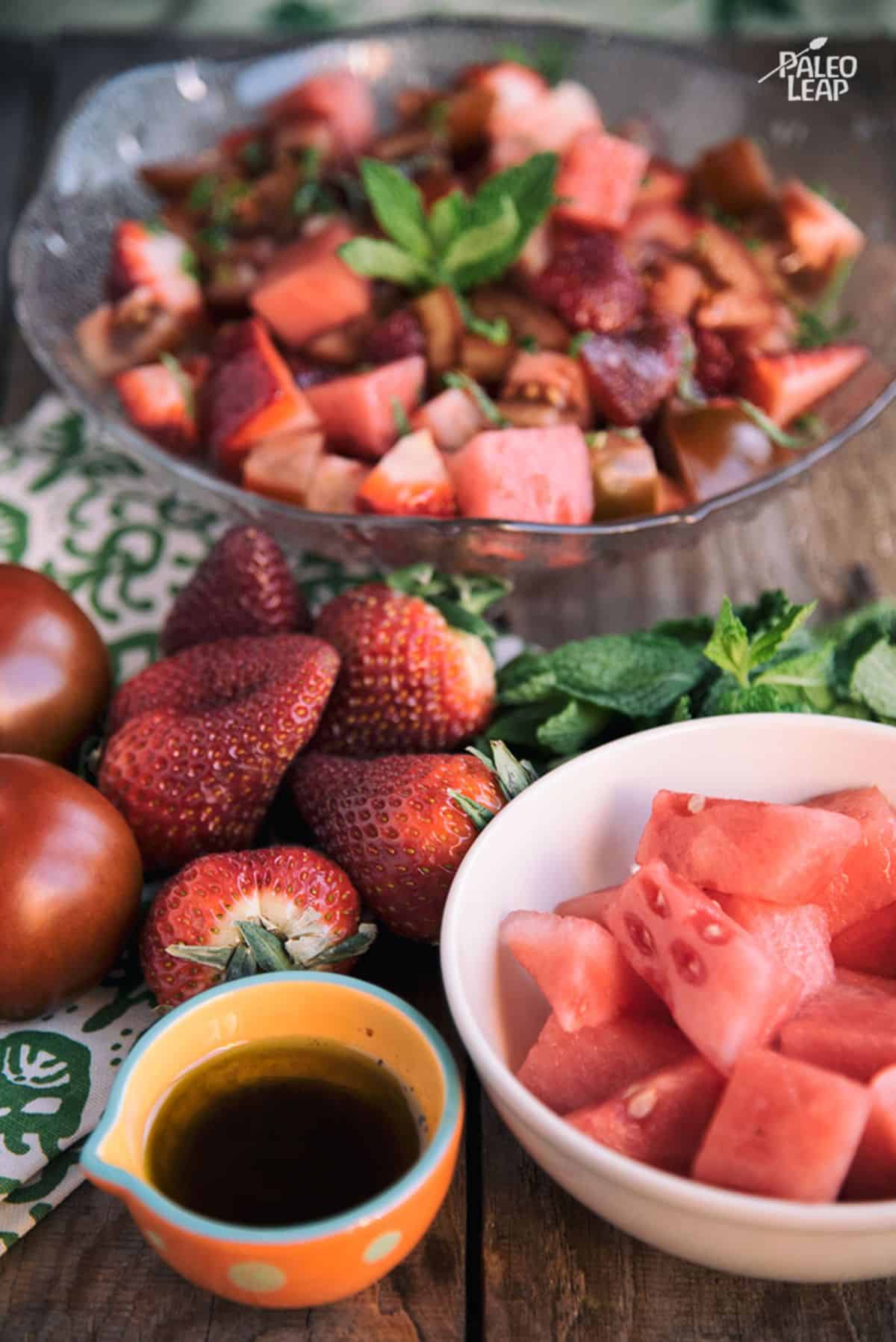 Watermelon Strawberry And Tomato Salad Recipe Preparation