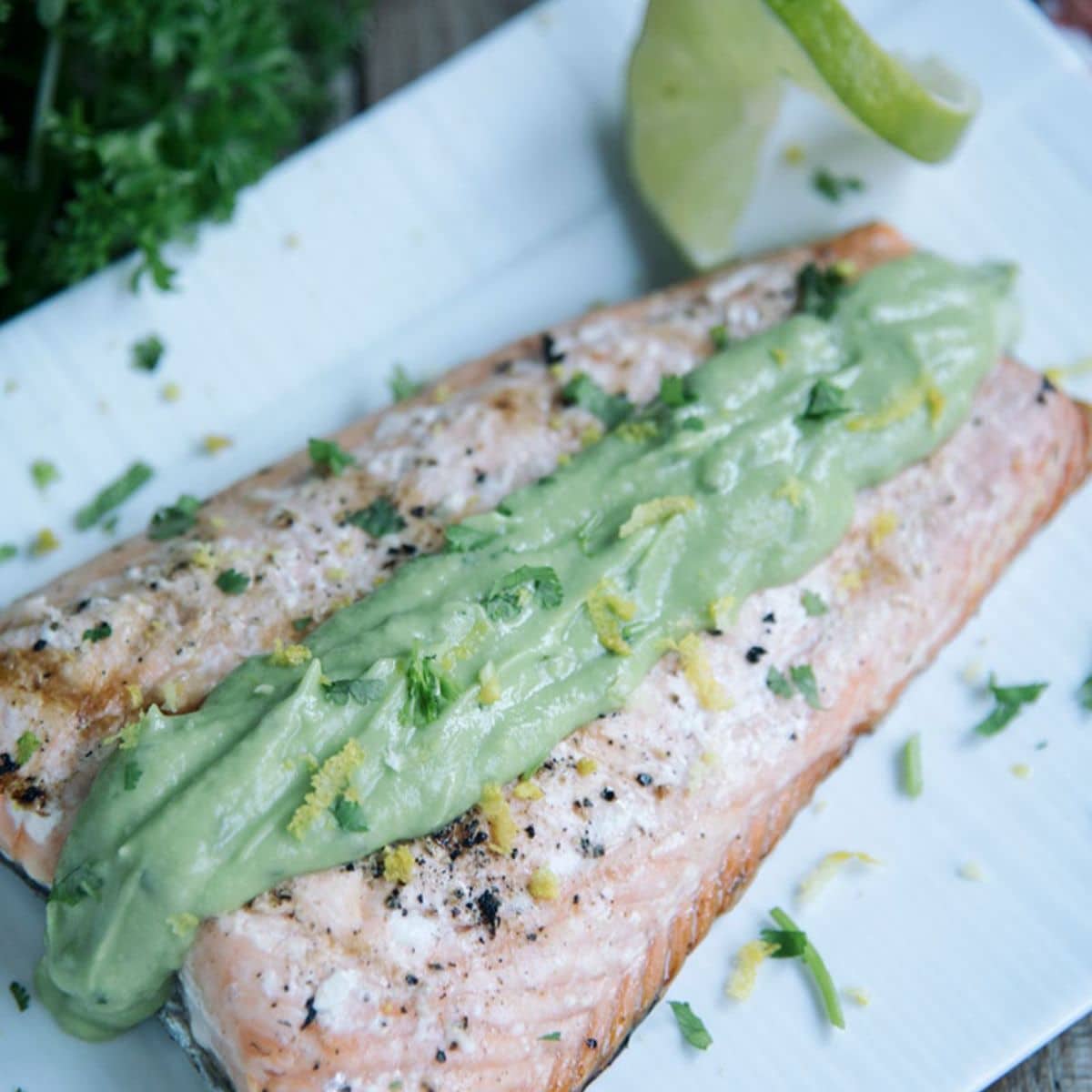 Grilled Salmon With Avocado-Coconut Sauce Featured