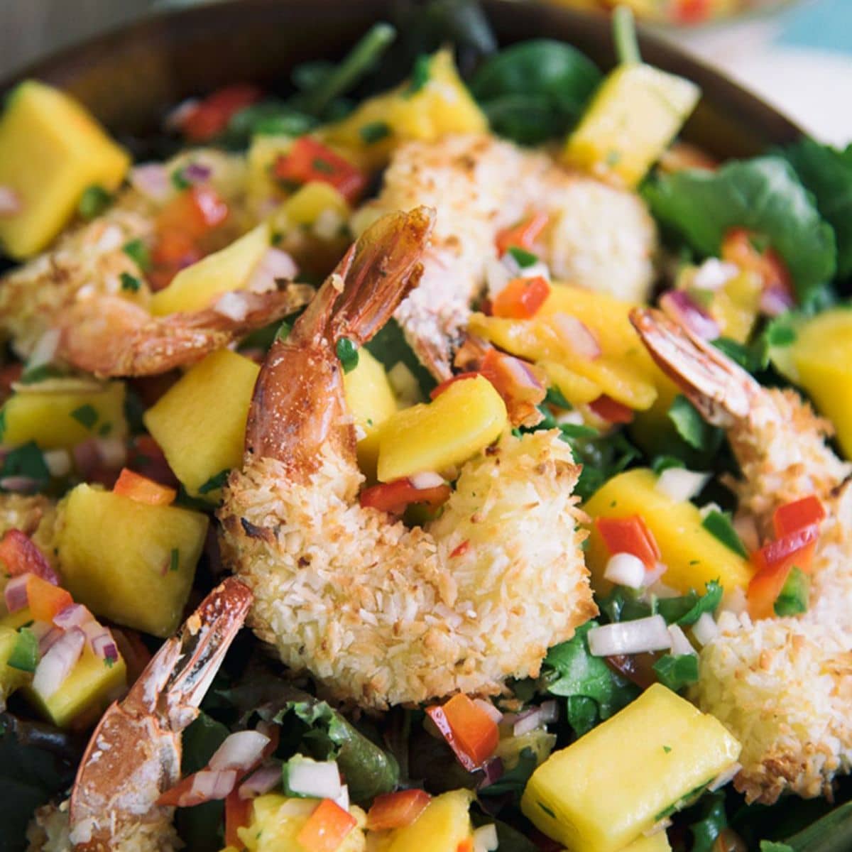 Coconut Shrimp And Mango Salsa Salad Featured