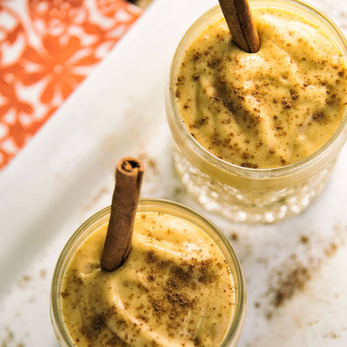 Pumpkin Banana Smoothie on a white tray