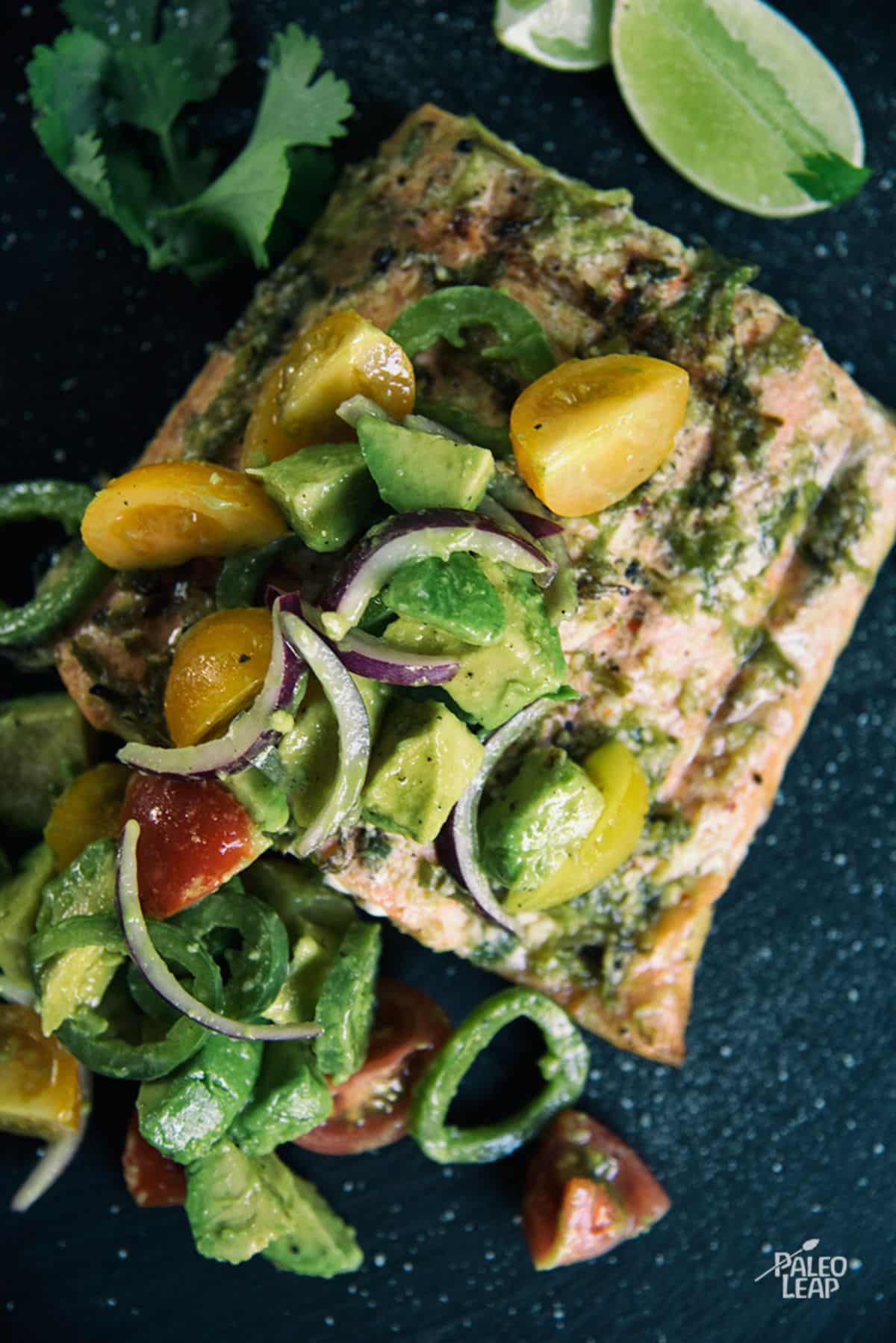 Grilled Cuban-Style Salmon with Jalapeno Avocado Salsa