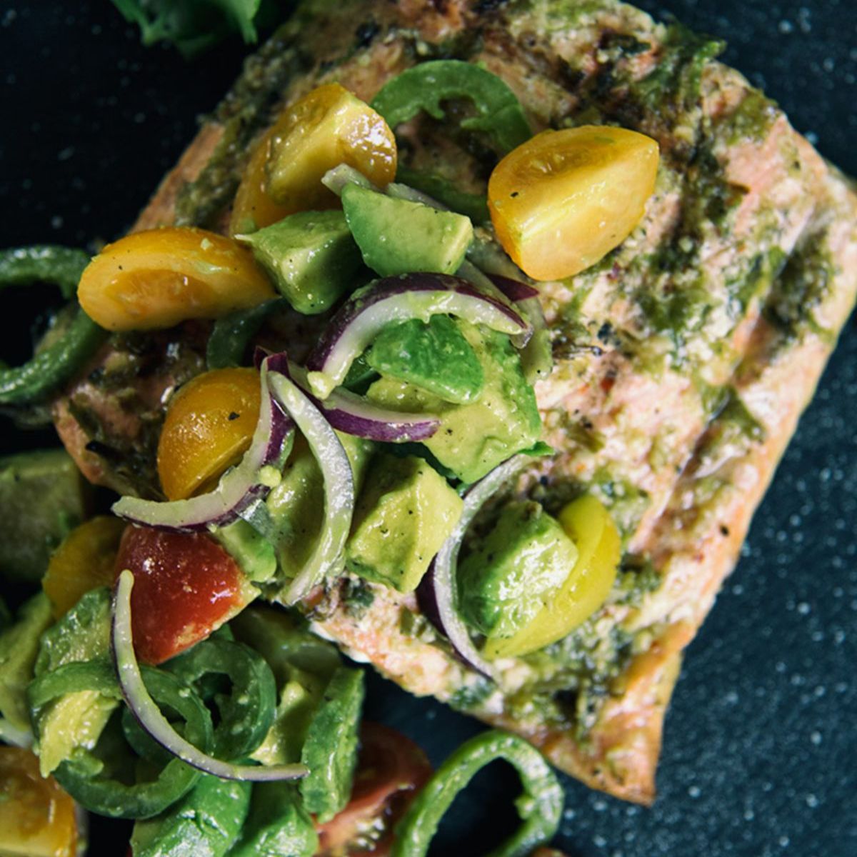 Grilled Cuban-Style Salmon with Jalapeno Avocado Salsa Featured