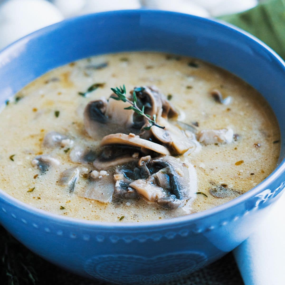 Cream of Mushroom Soup in a blue bowl.