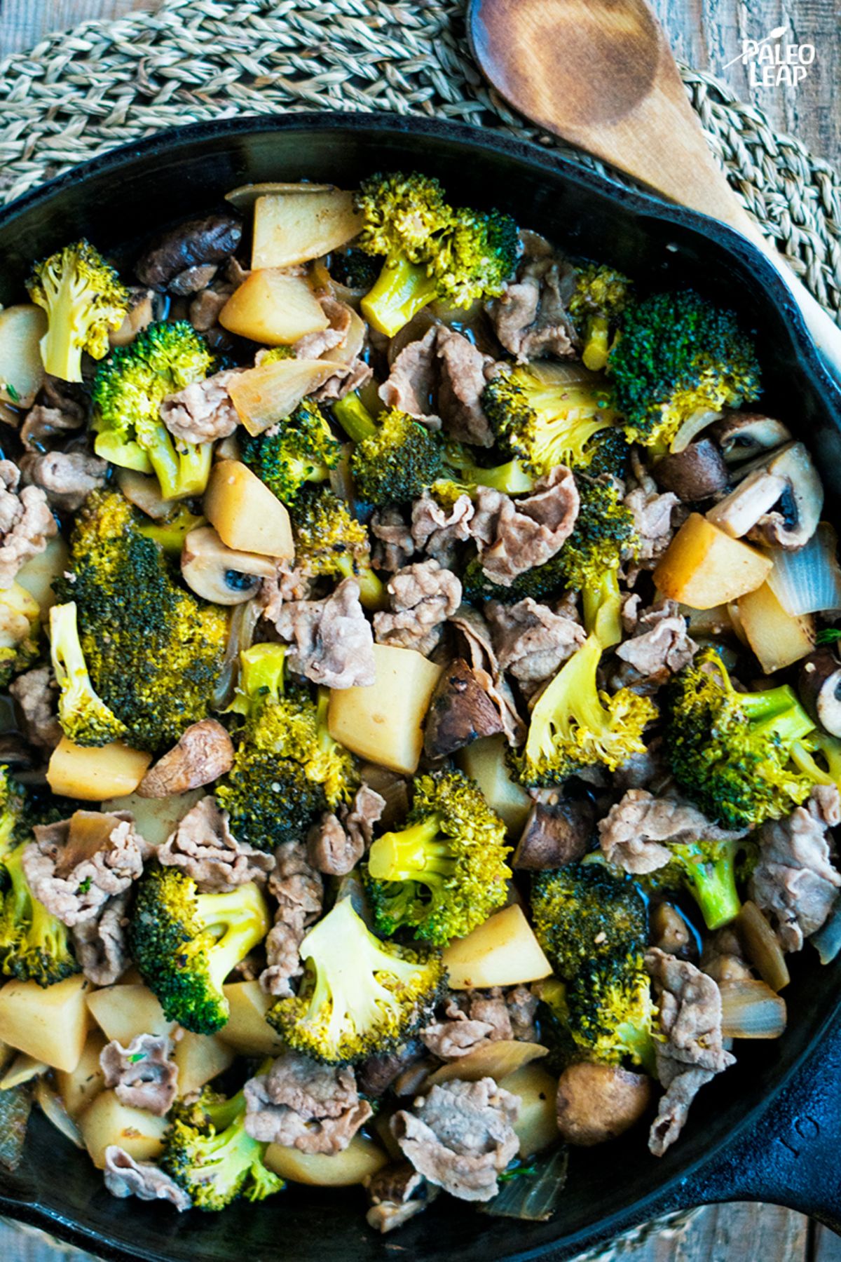 Beef, Broccoli, And Potato in a black Skillet