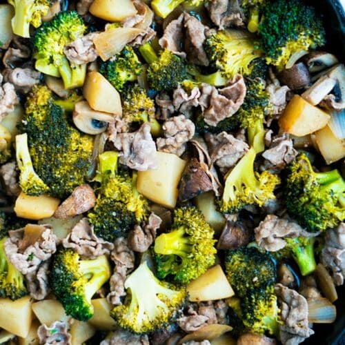 Beef, Broccoli, And Potato in a black Skillet