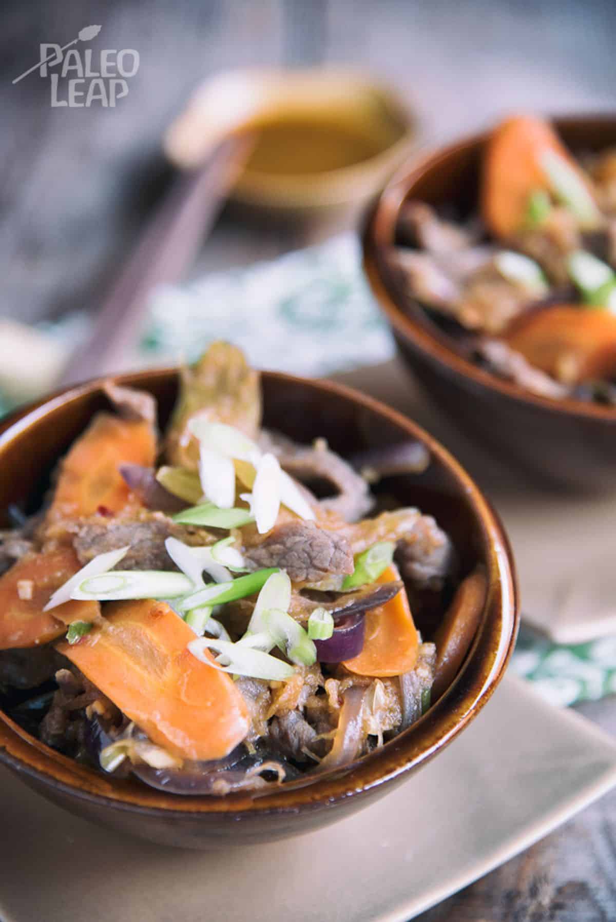Korean Beef Stir-Fry in a brown bowl.