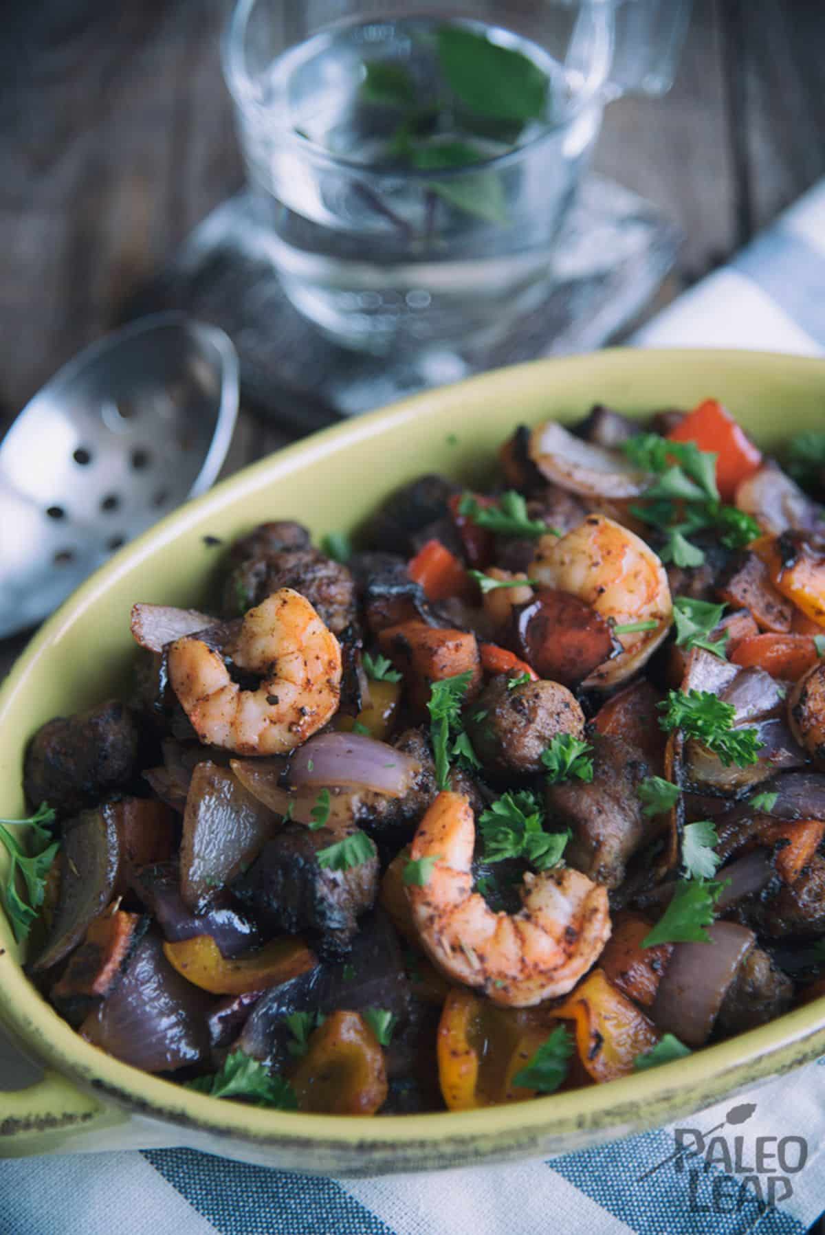 Shrimp And Sausage Cajun Skillet in a green bowl.