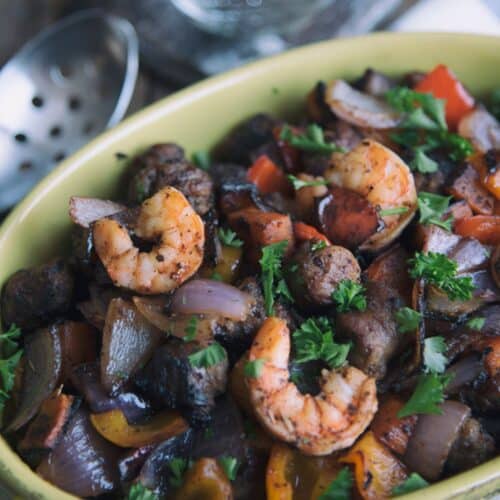 Shrimp And Sausage Cajun Skillet in a green bowl.