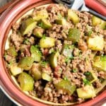 Zucchini and Beef Mexican-Style Skillet on a plate with a fork.