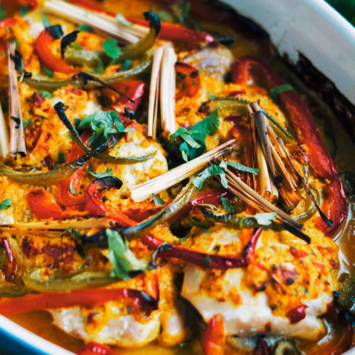 Baked Indian-Style Lemongrass Chicken in a casserole.