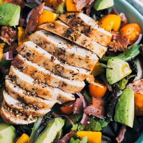 Balsamic Chicken Salad in a blue bowl.