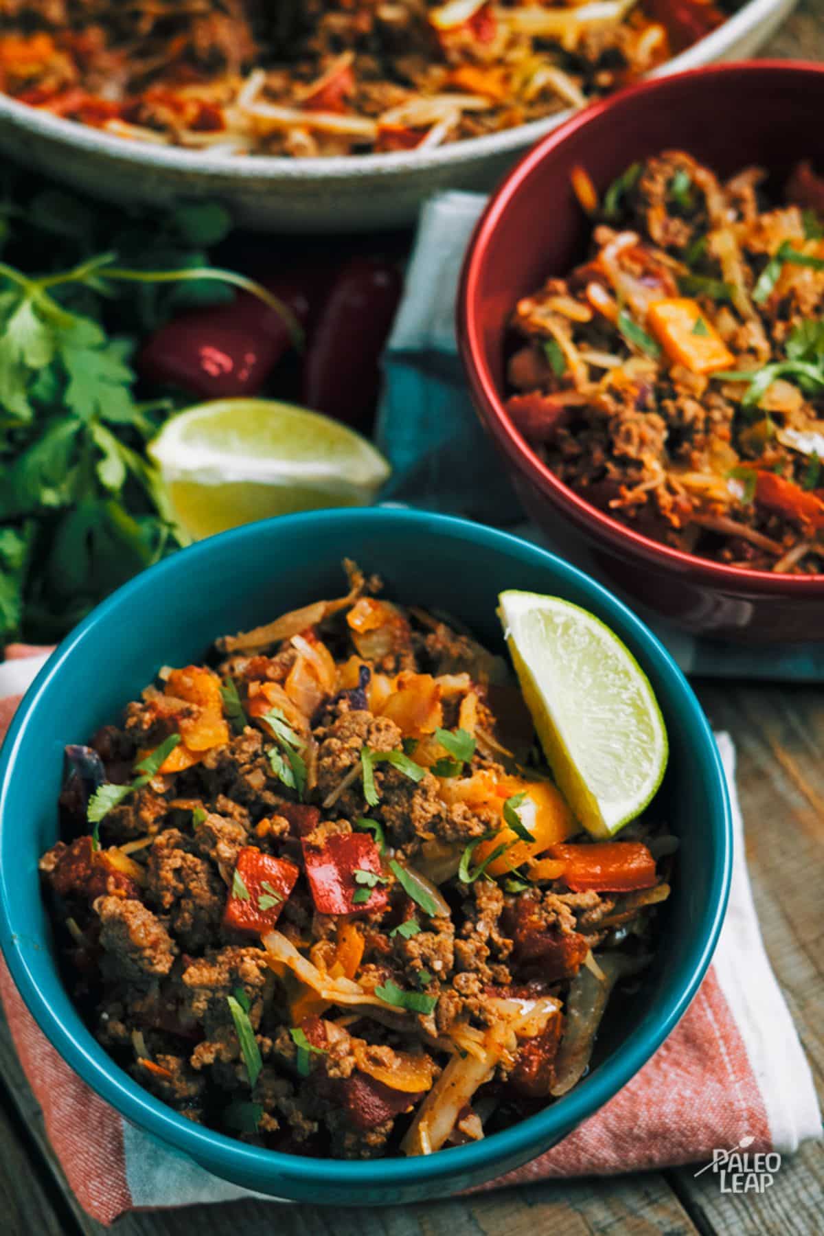 Mexican-Style Beef Cabbage Skillet in a blue bowl.