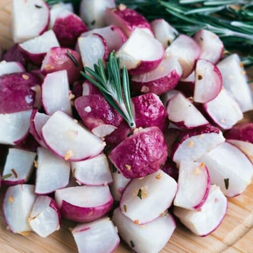 Roasted Rosemary Radishes on a wooden tray.