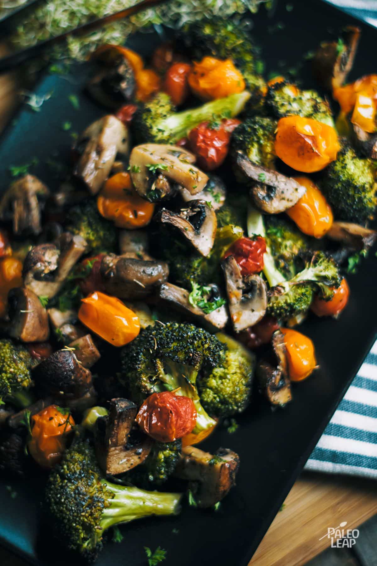Roasted Vegetables With Italian Herbs on a baking tray.