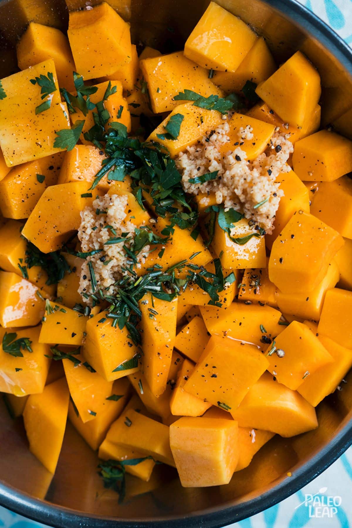 Garlic And Herb Roasted Butternut Squash preparation.