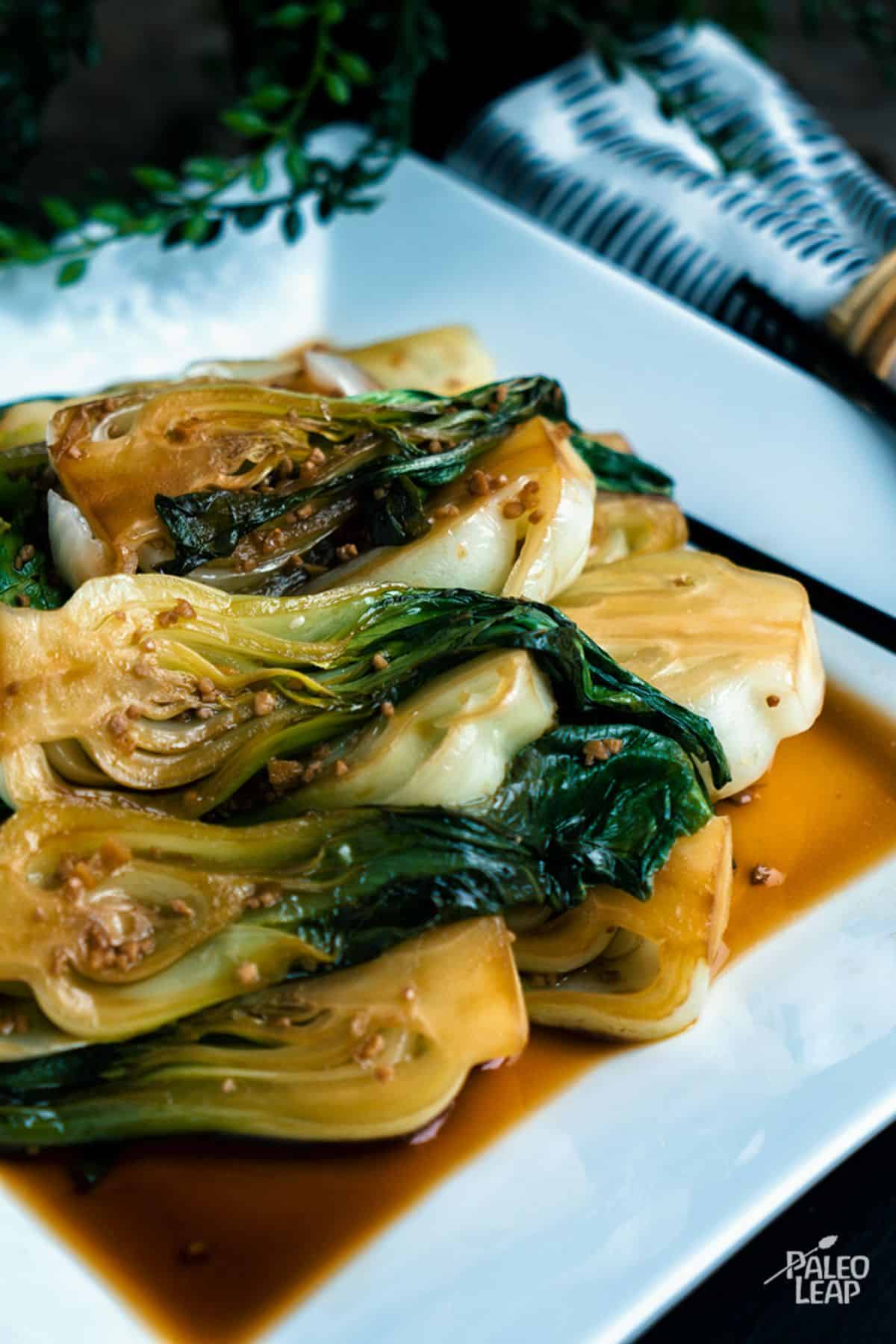 Ginger Bok Choy on a white plate.