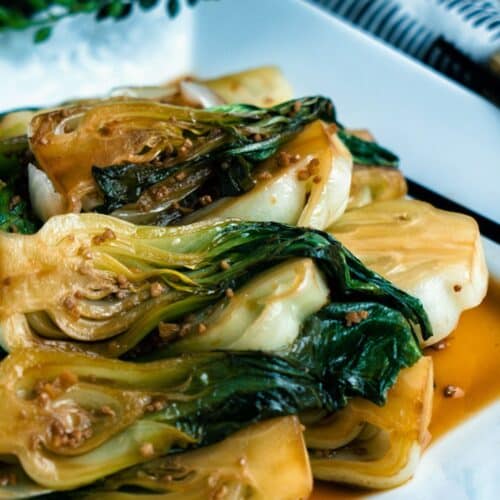 Ginger Bok Choy on a white plate.