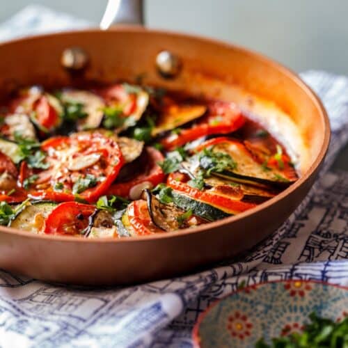 Eggplant, Zucchini, and Tomato Bake in a pan.