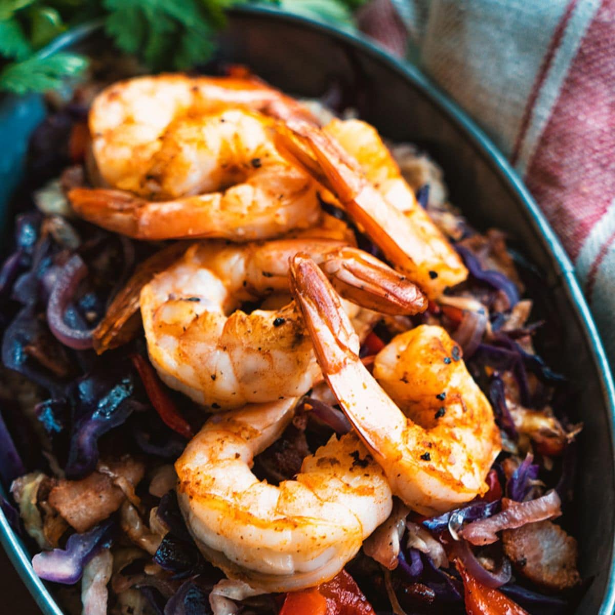 Jerk Shrimp With Warm Cabbage Slaw in a casserole.