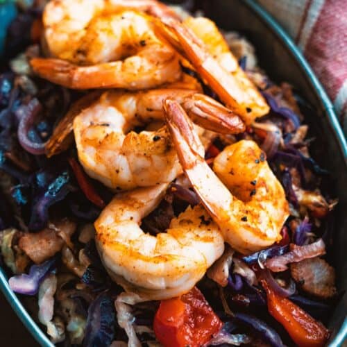 Jerk Shrimp With Warm Cabbage Slaw in a casserole.