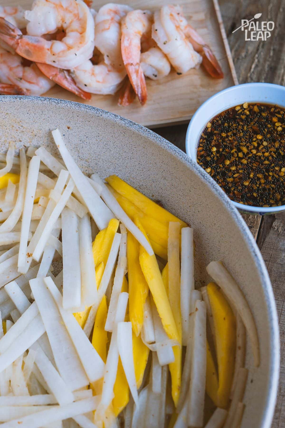Paleo Hoisin Shrimp And Mango preparation.