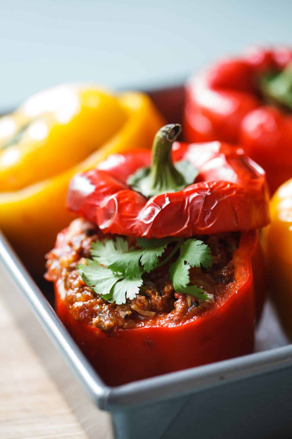 Tex-Mex Stuffed Peppers in a deep tray.