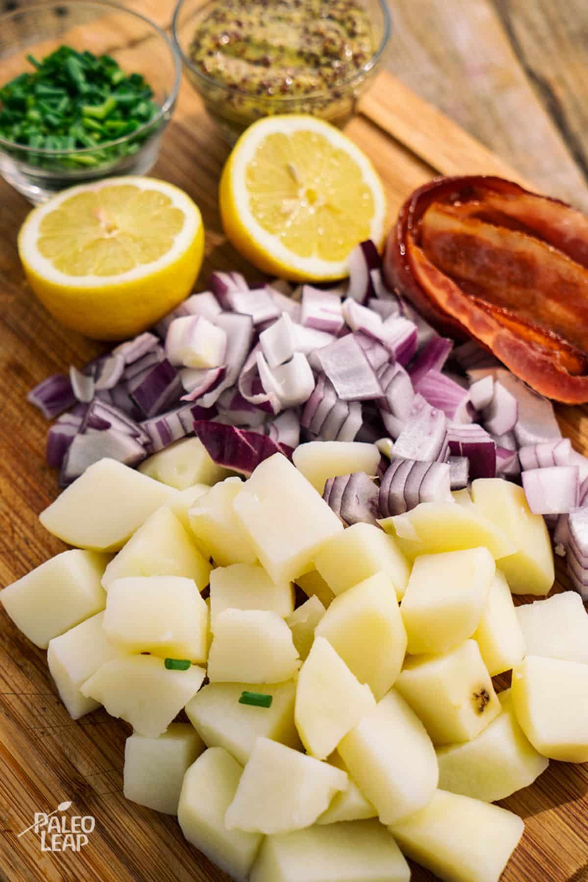 Grainy-Mustard And Bacon Potato Salad preparation.