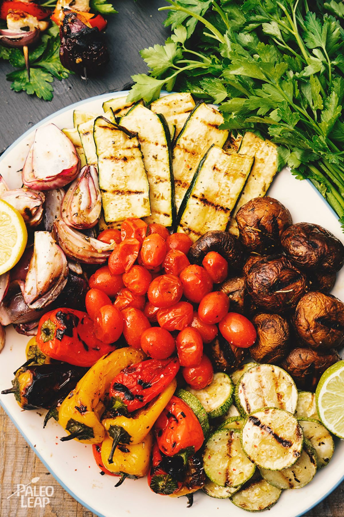 Grilled Mixed Vegetables on a white plate.