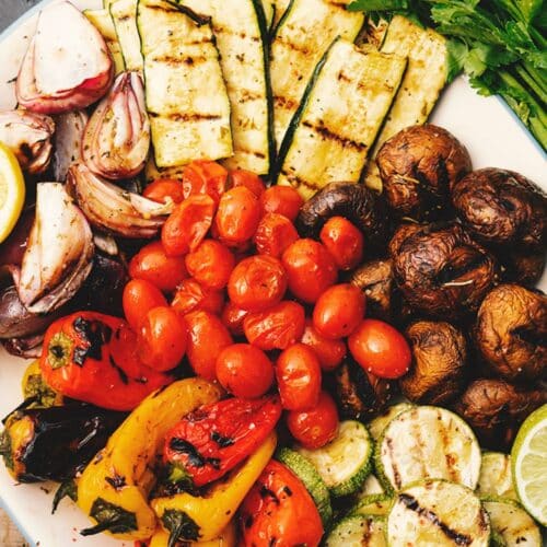 Grilled Mixed Vegetables on a white plate.