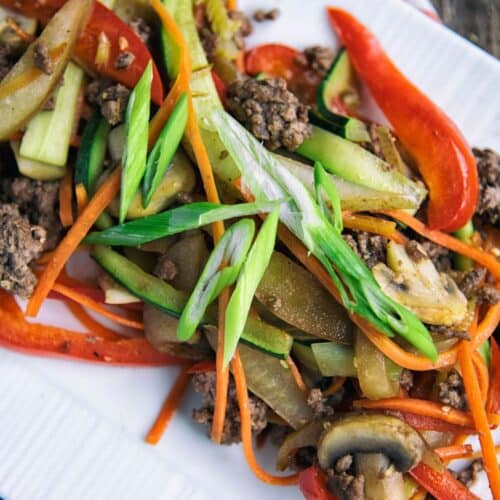 Pear And Bell Pepper Ground Beef Stir-Fry on a white tray.