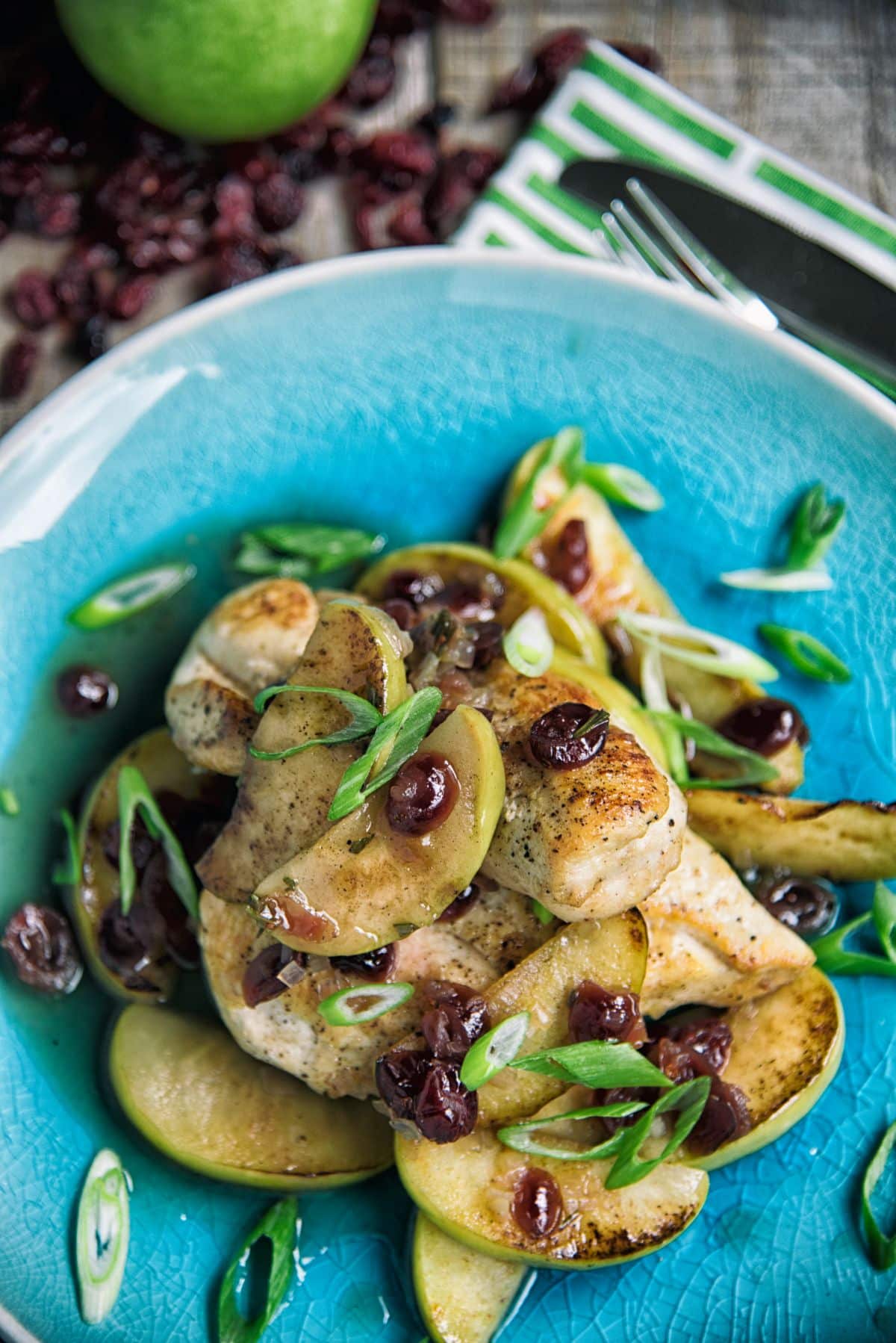 Chicken with Apples and Cranberries on a blue plate.