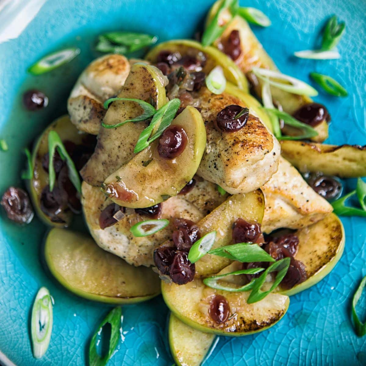 Chicken with Apples and Cranberries on a blue plate.