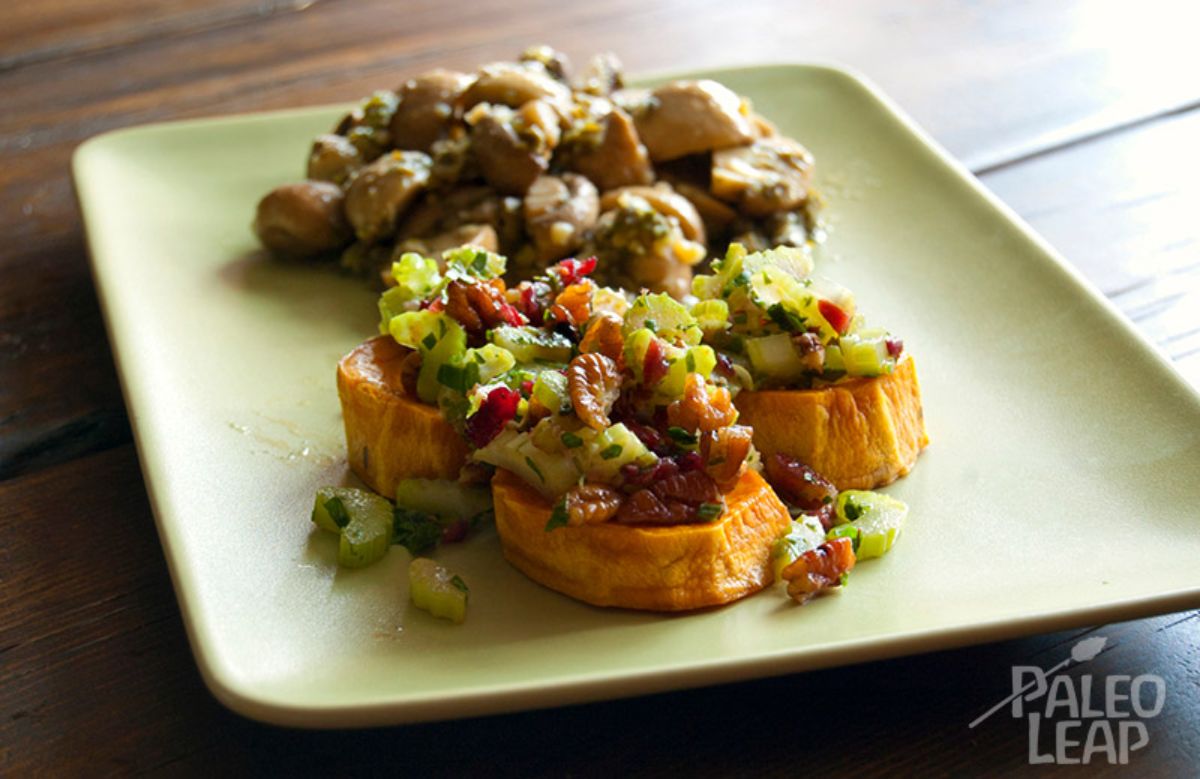 Sweet Potato Bites with Roasted Mushrooms on a plate.