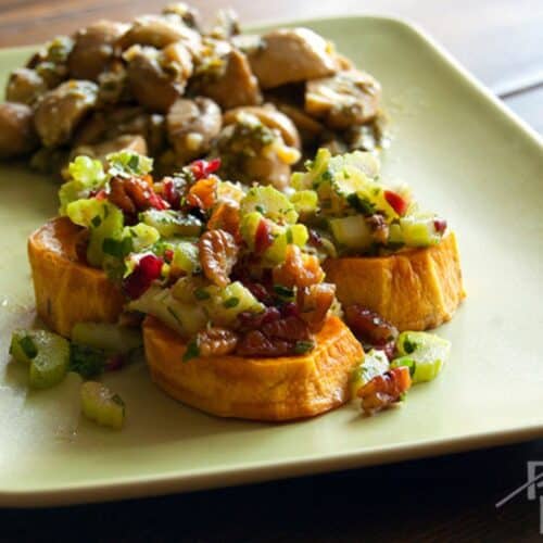Sweet Potato Bites with Roasted Mushrooms on a plate.