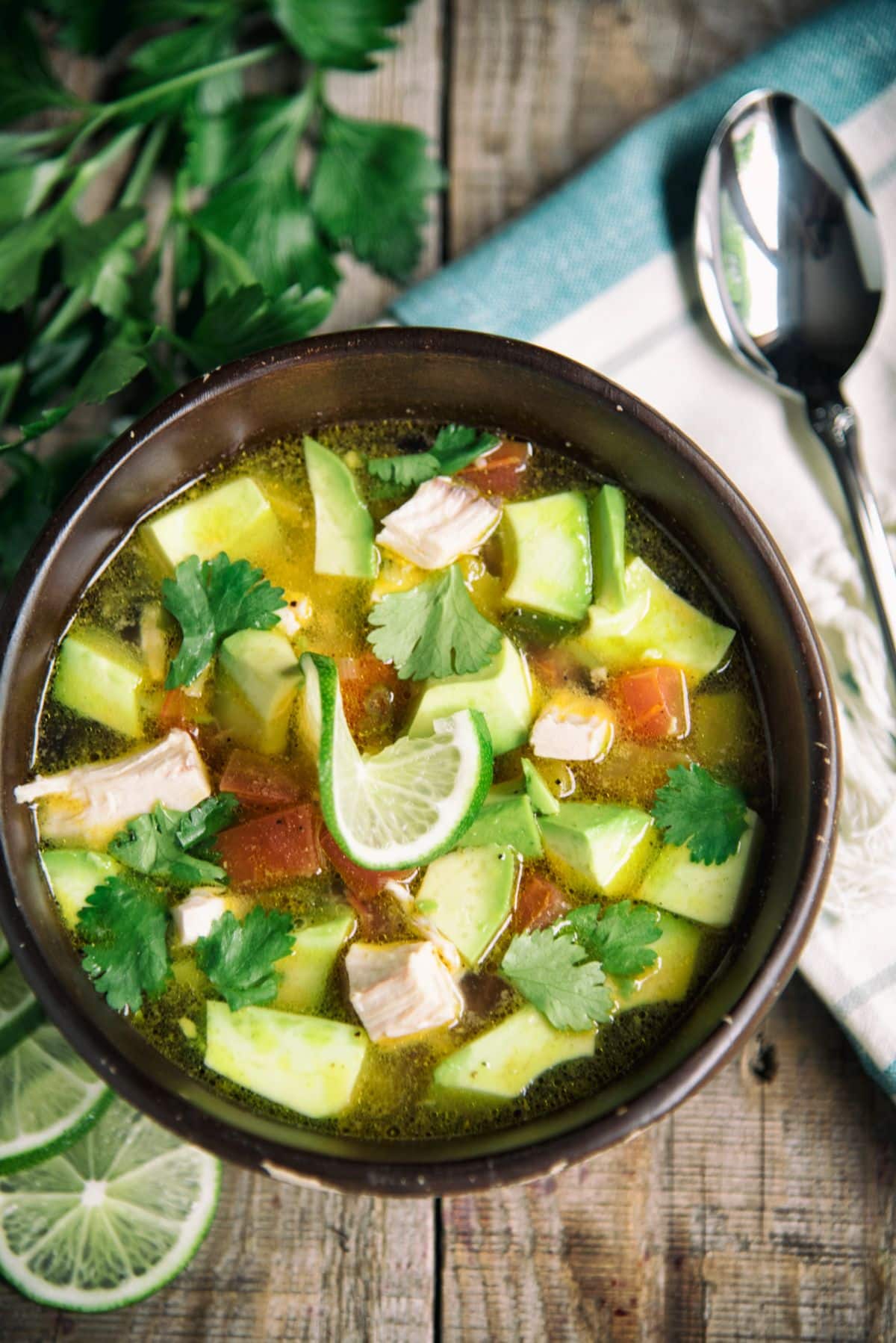 Chicken And Avocado Soup in a brown pot.