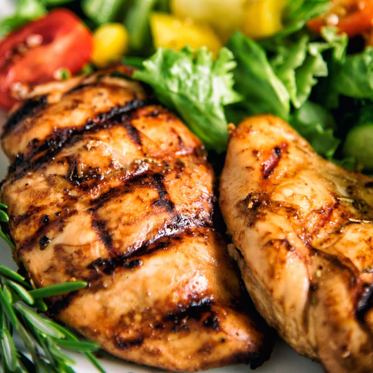 Balsamic Grilled Chicken With Greek-Style Salad on a white plate.