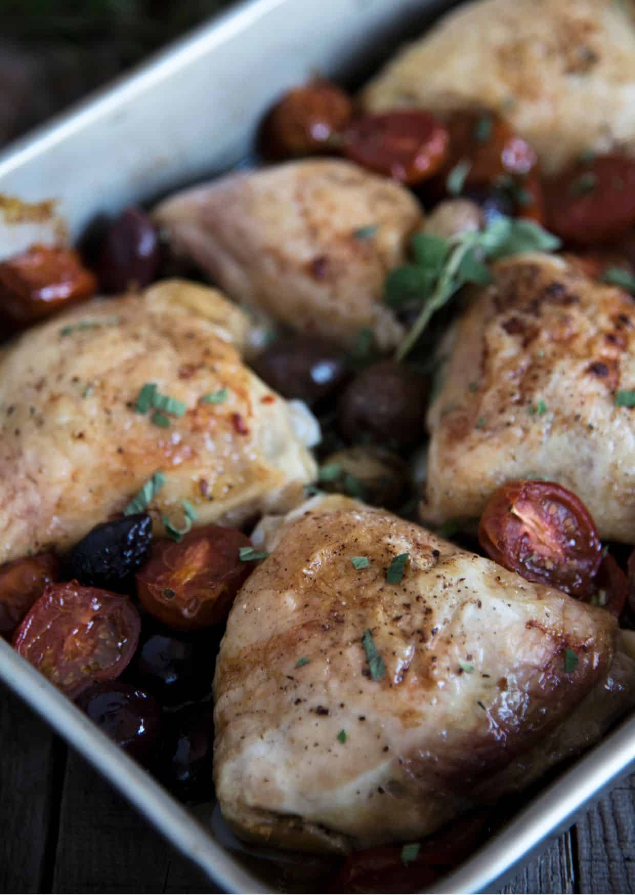 Greek-Style Roast Chicken in a baking tray.