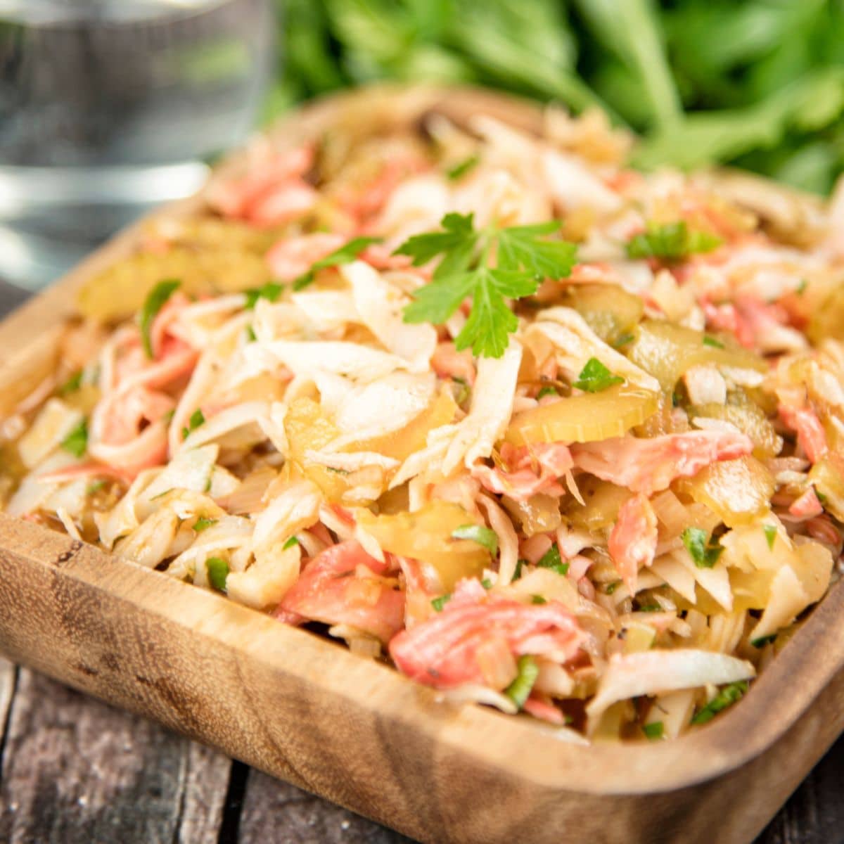 Hearty Crab Stew in a wooden bowl.