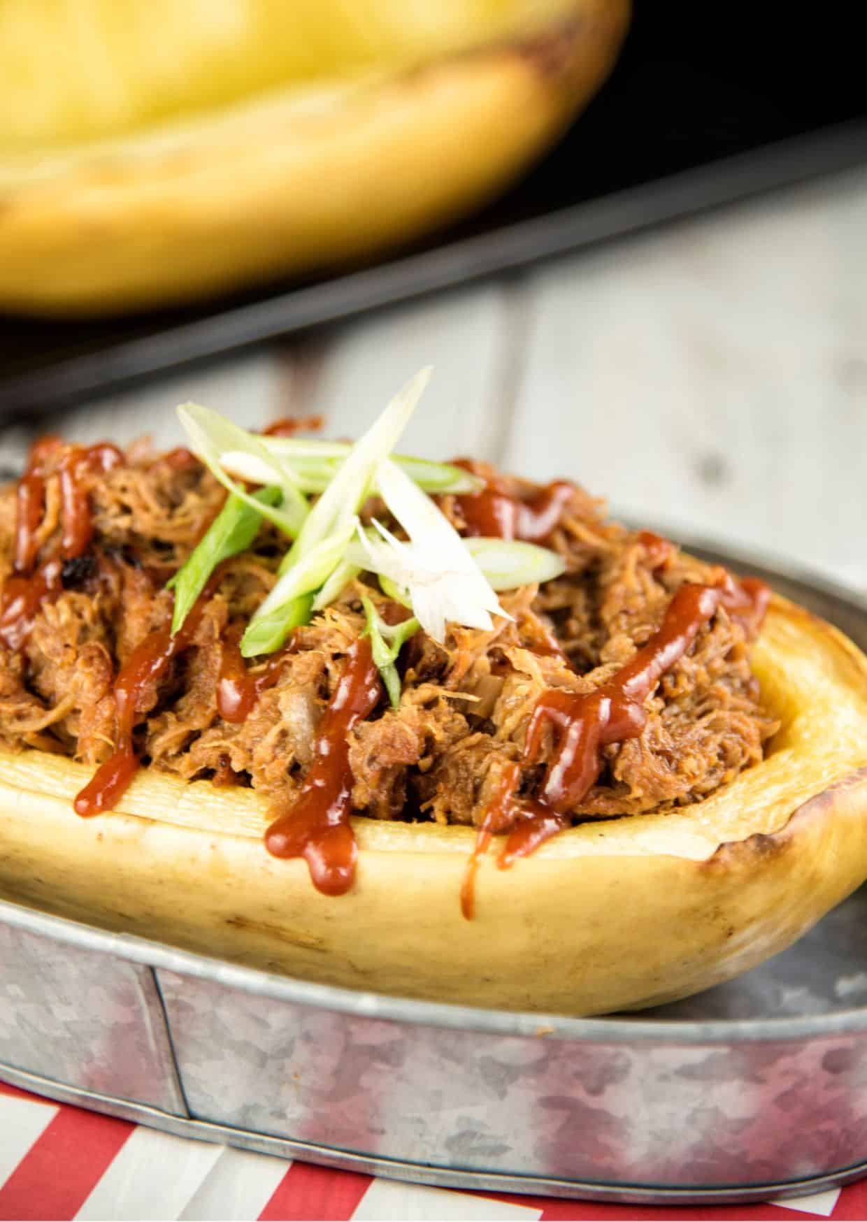 Pulled Pork Stuffed Squash in a tray.