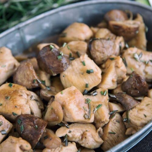 Rosemary Chicken With Mushroom Sauce in a baking tray.