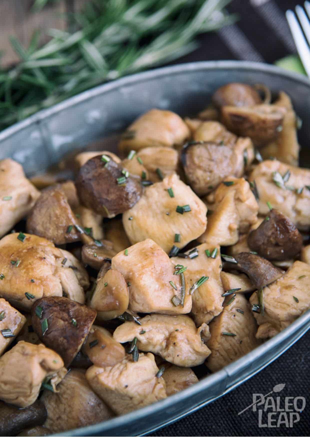 Rosemary Chicken With Mushroom Sauce in a baking tray.